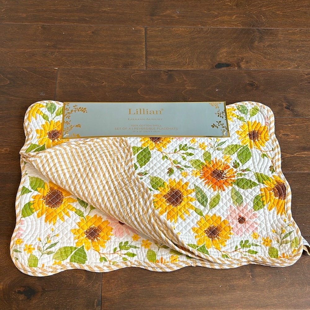 Lillian August Set Of 4 Reversible Sunflowers Fall Autumn Placemats Quilted New